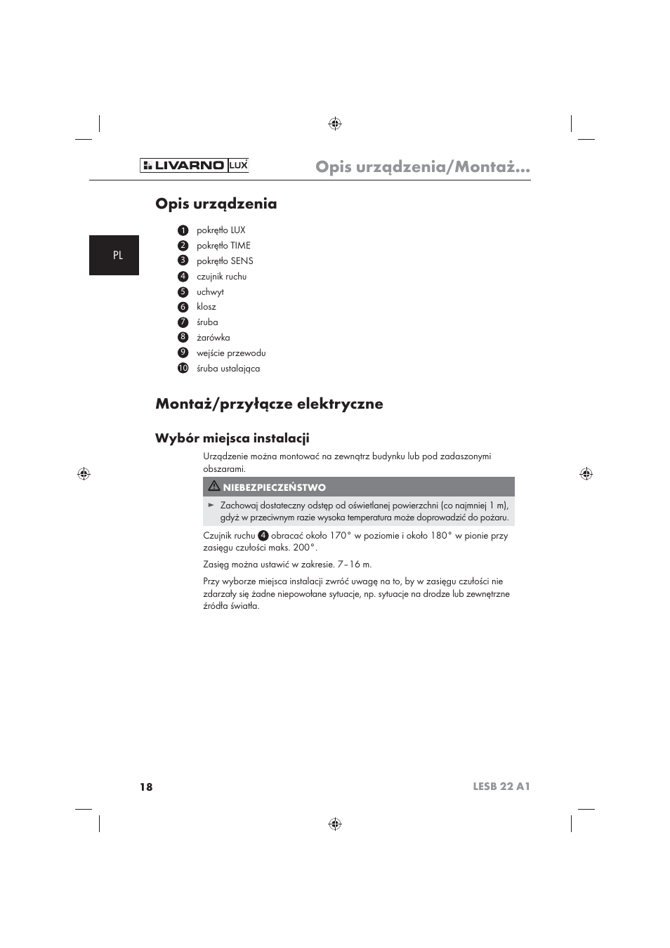 Opis urządzenia/montaż, Opis urządzenia, Montaż/przyłącze elektryczne | Wybór miejsca instalacji | Livarno LESB 22 A1 User Manual | Page 20 / 74