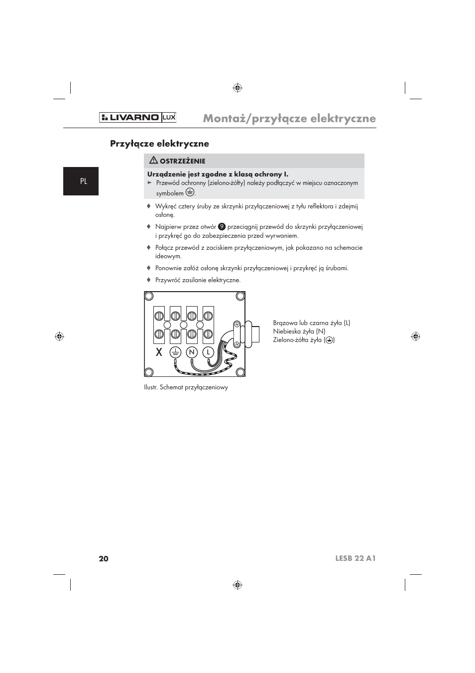 Montaż/przyłącze elektryczne, Przyłącze elektryczne | Livarno LESB 22 A1 User Manual | Page 22 / 74