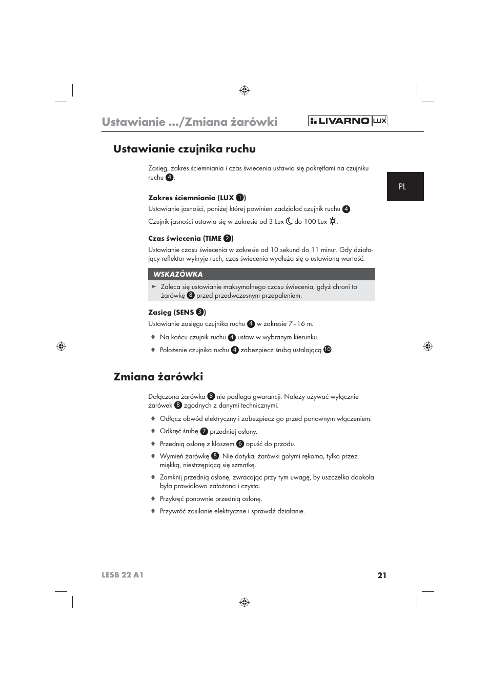 Ustawianie .../zmiana żarówki, Ustawianie czujnika ruchu, Zmiana żarówki | Livarno LESB 22 A1 User Manual | Page 23 / 74