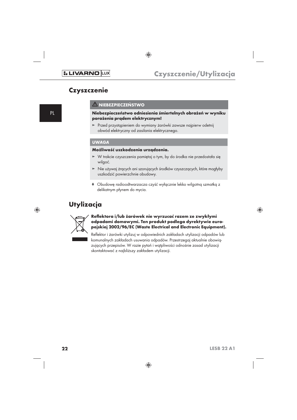 Czyszczenie/utylizacja, Czyszczenie, Utylizacja | Livarno LESB 22 A1 User Manual | Page 24 / 74