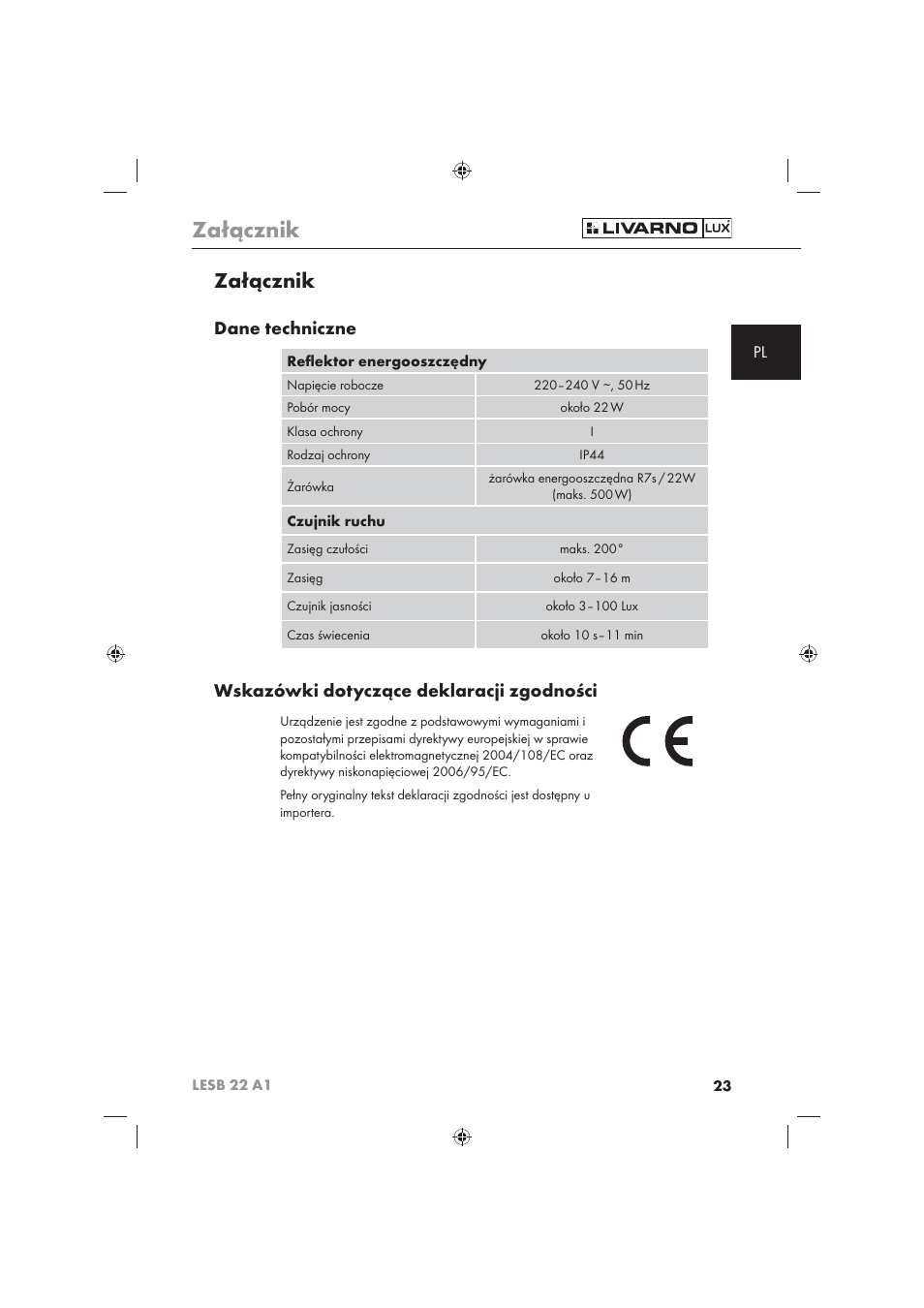 Załącznik, Dane techniczne, Wskazówki dotyczące deklaracji zgodności | Livarno LESB 22 A1 User Manual | Page 25 / 74