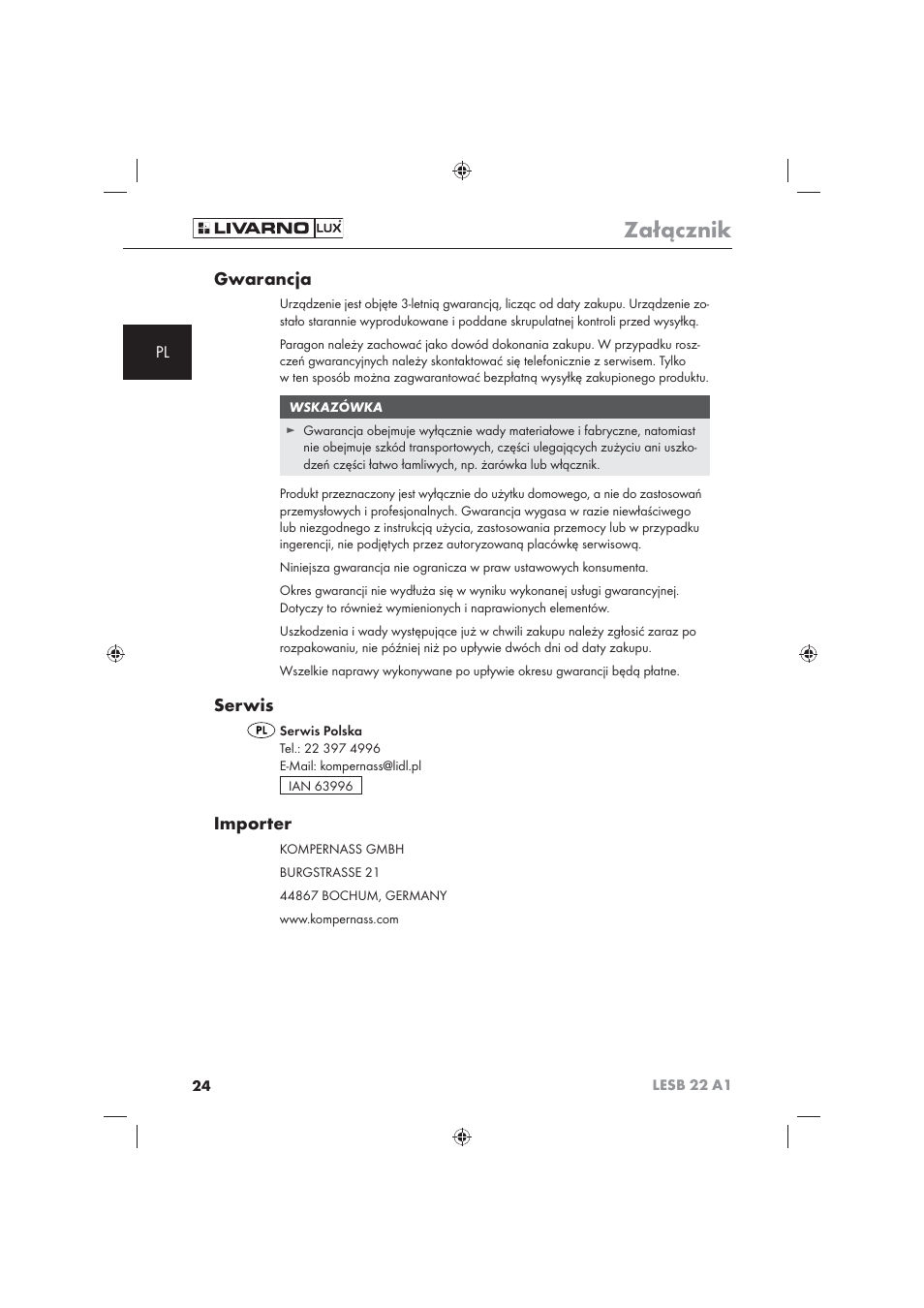 Załącznik, Gwarancja, Serwis | Importer | Livarno LESB 22 A1 User Manual | Page 26 / 74