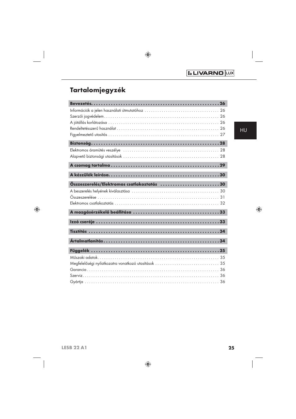 Tartalomjegyzék | Livarno LESB 22 A1 User Manual | Page 27 / 74