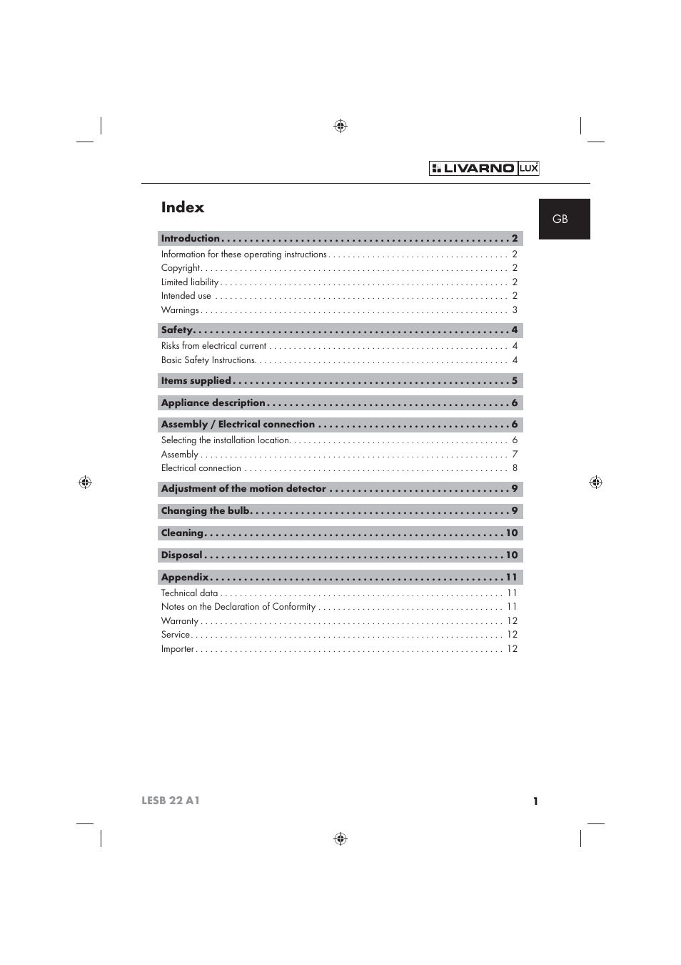 Index | Livarno LESB 22 A1 User Manual | Page 3 / 74