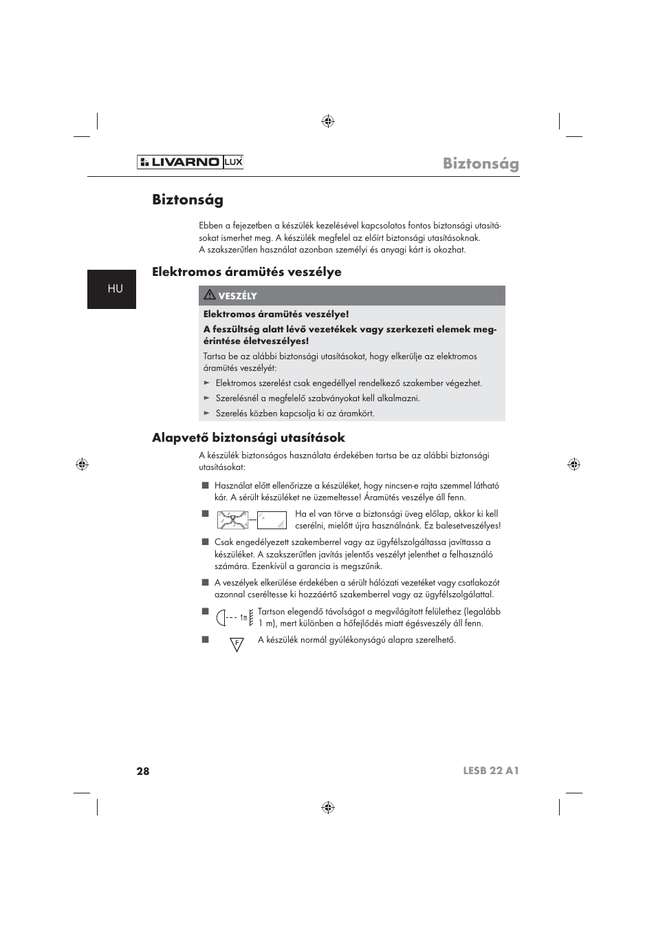 Biztonság, Elektromos áramütés veszélye, Alapvető biztonsági utasítások | Livarno LESB 22 A1 User Manual | Page 30 / 74