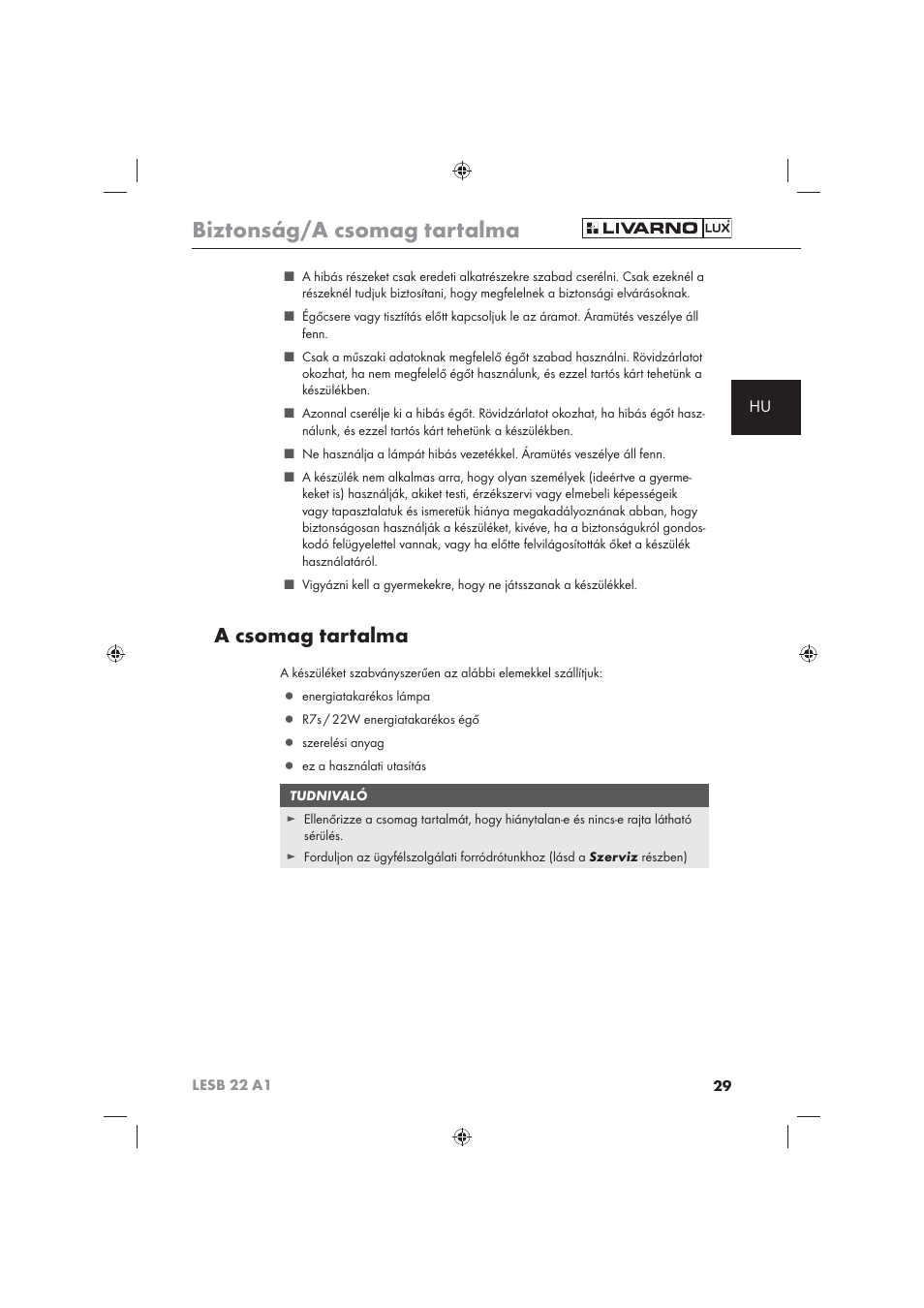 Biztonság/a csomag tartalma, A csomag tartalma | Livarno LESB 22 A1 User Manual | Page 31 / 74