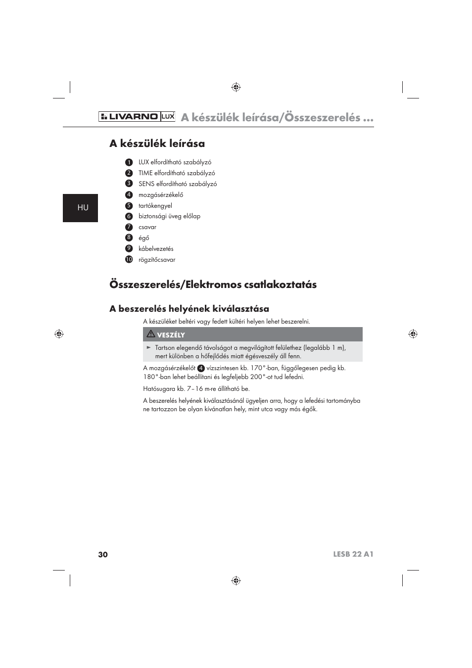 A készülék leírása/összeszerelés, A készülék leírása, Összeszerelés/elektromos csatlakoztatás | A beszerelés helyének kiválasztása | Livarno LESB 22 A1 User Manual | Page 32 / 74