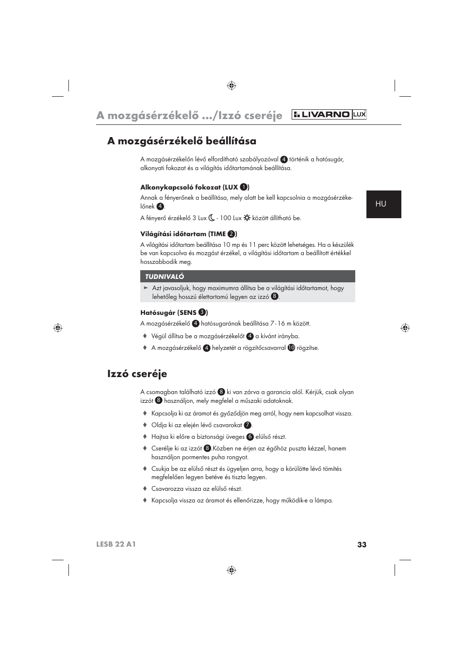 A mozgásérzékelő .../izzó cseréje, A mozgásérzékelő beállítása, Izzó cseréje | Livarno LESB 22 A1 User Manual | Page 35 / 74