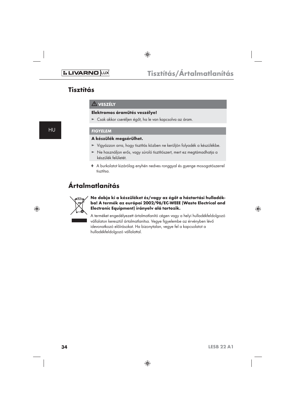 Tisztítás/ártalmatlanítás, Tisztítás, Ártalmatlanítás | Livarno LESB 22 A1 User Manual | Page 36 / 74