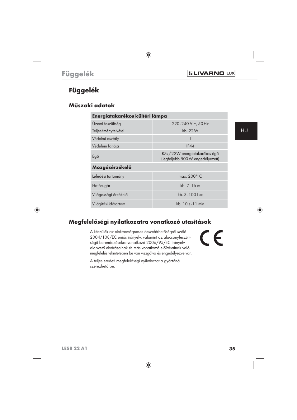 Függelék, Műszaki adatok, Megfelelőségi nyilatkozatra vonatkozó utasítások | Livarno LESB 22 A1 User Manual | Page 37 / 74