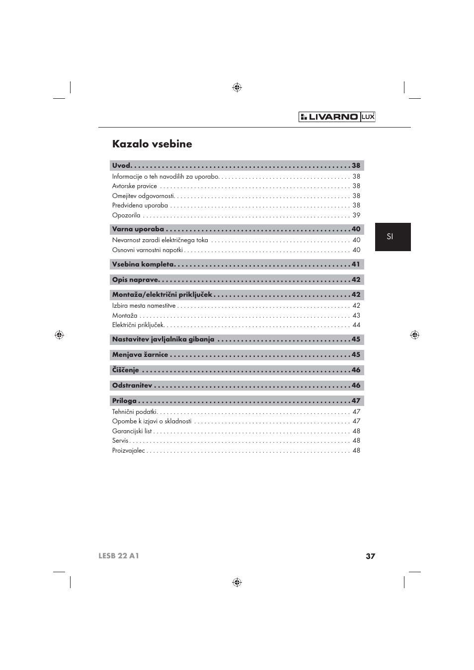 Kazalo vsebine | Livarno LESB 22 A1 User Manual | Page 39 / 74