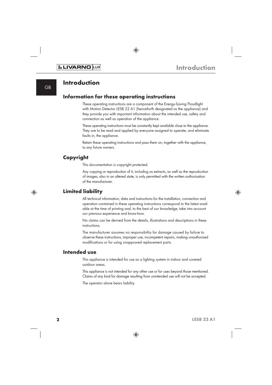 Introduction, Information for these operating instructions, Copyright | Limited liability, Intended use | Livarno LESB 22 A1 User Manual | Page 4 / 74