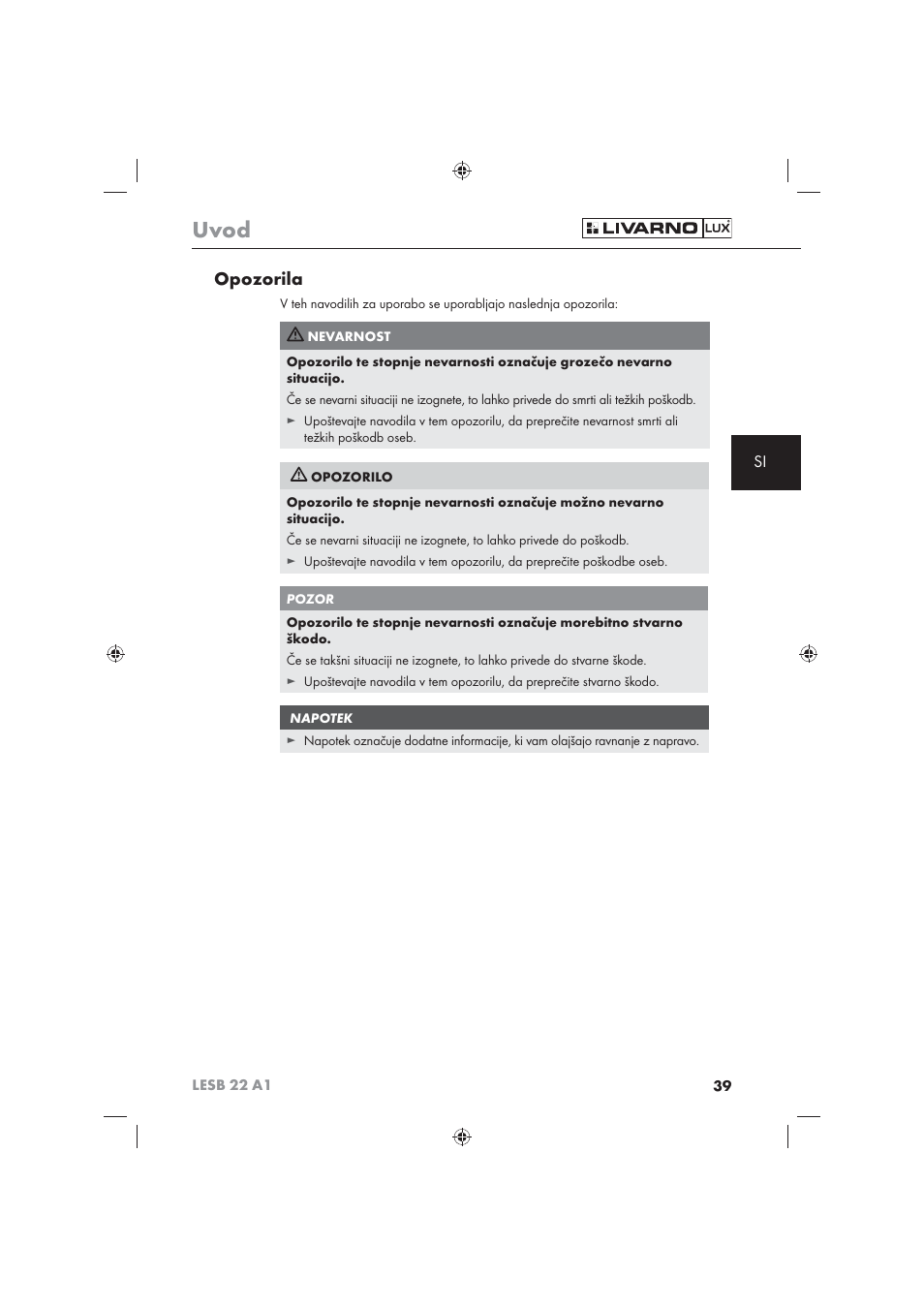 Uvod, Opozorila | Livarno LESB 22 A1 User Manual | Page 41 / 74