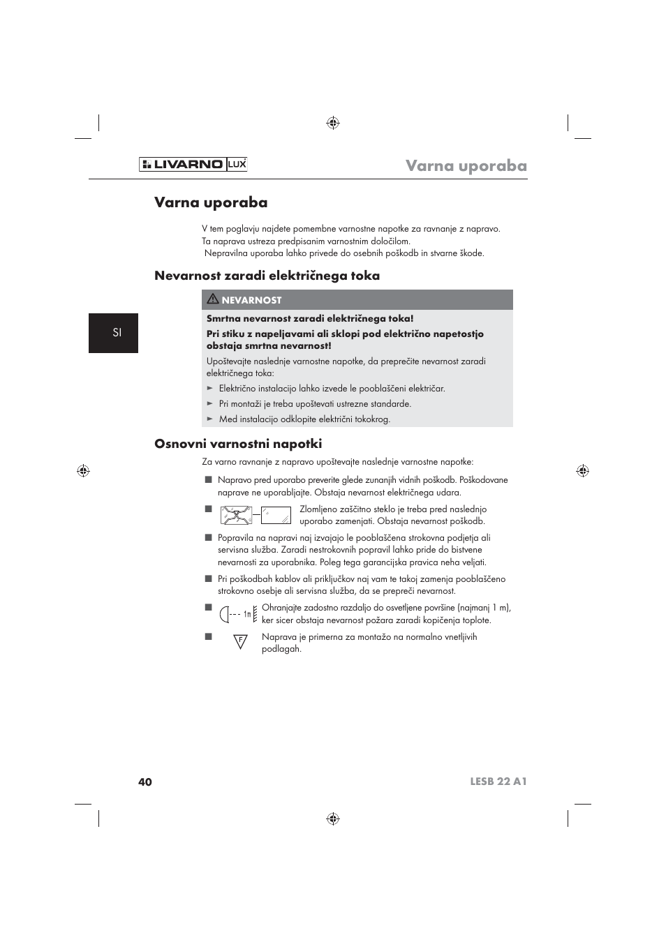 Varna uporaba, Nevarnost zaradi električnega toka, Osnovni varnostni napotki | Livarno LESB 22 A1 User Manual | Page 42 / 74