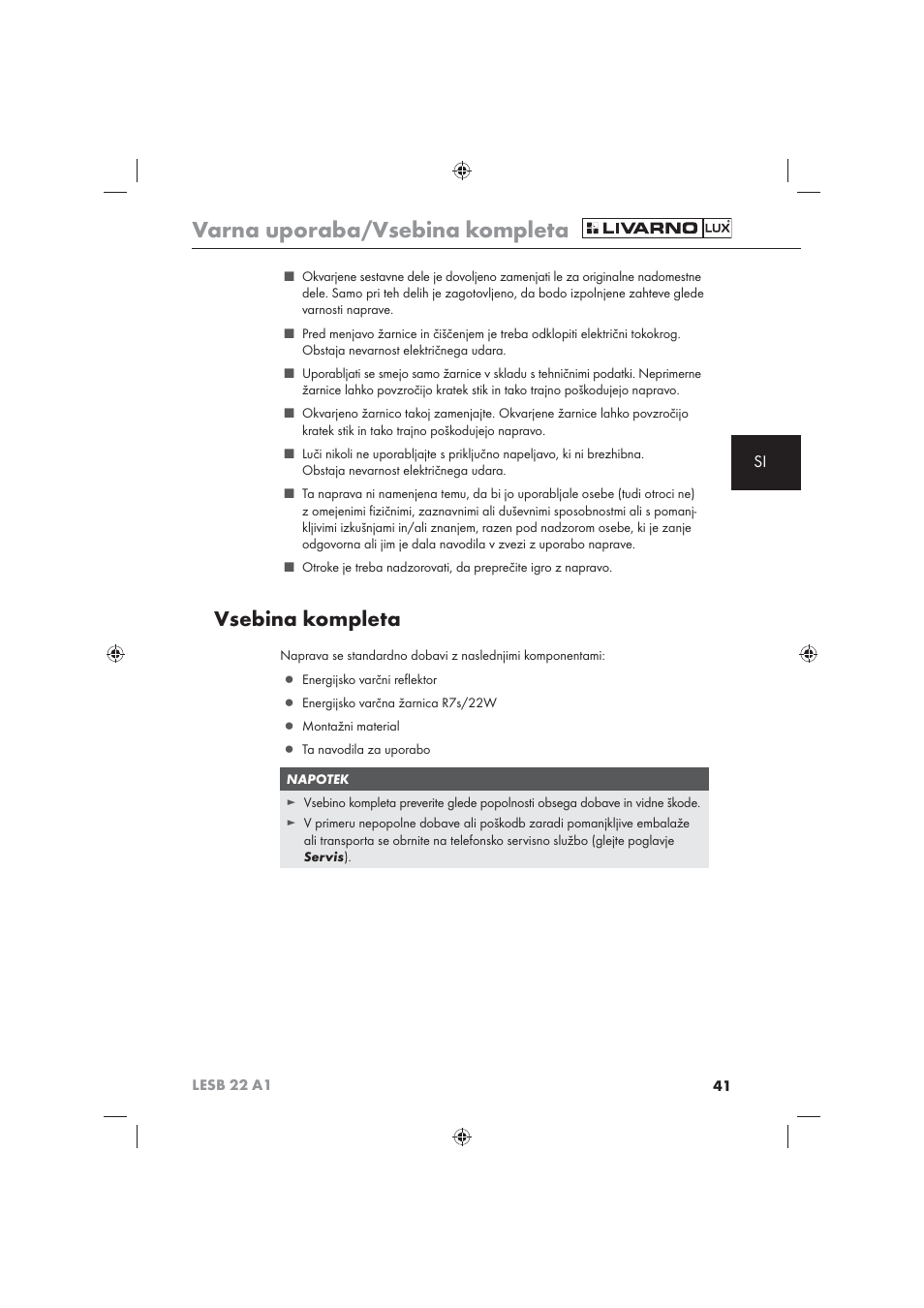 Varna uporaba/vsebina kompleta, Vsebina kompleta | Livarno LESB 22 A1 User Manual | Page 43 / 74