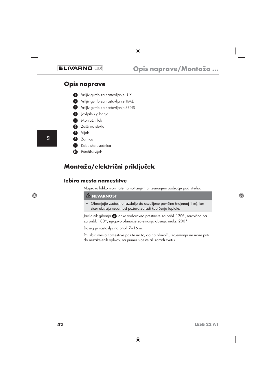 Opis naprave/montaža, Opis naprave, Montaža/električni priključek | Izbira mesta namestitve | Livarno LESB 22 A1 User Manual | Page 44 / 74