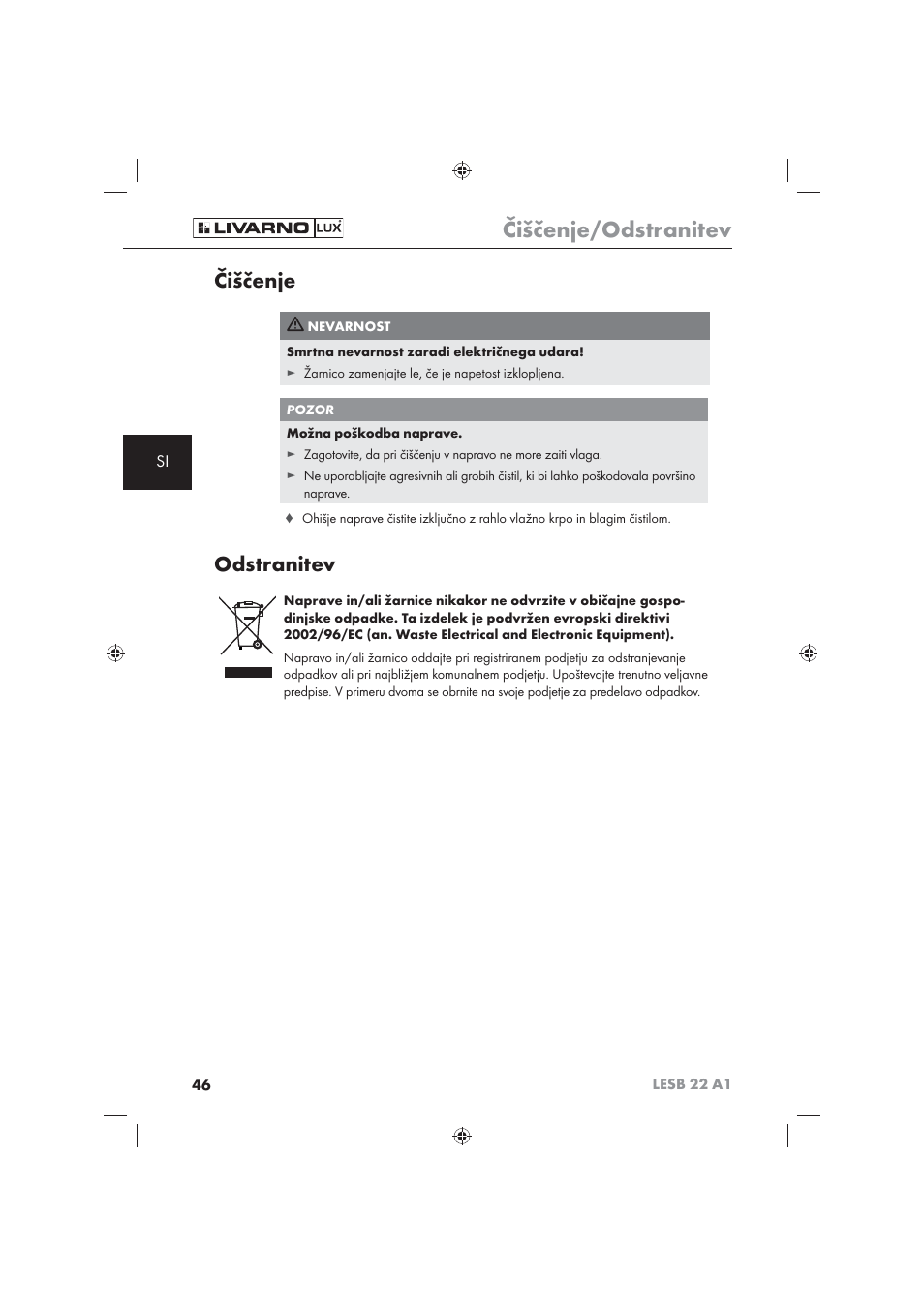 Čiščenje/odstranitev, Čiščenje, Odstranitev | Livarno LESB 22 A1 User Manual | Page 48 / 74