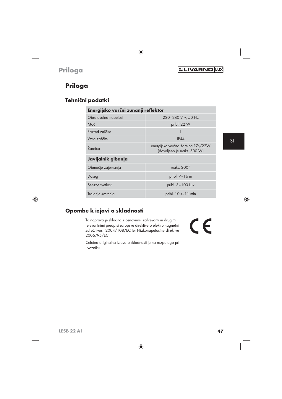 Priloga, Tehnični podatki, Opombe k izjavi o skladnosti | Livarno LESB 22 A1 User Manual | Page 49 / 74