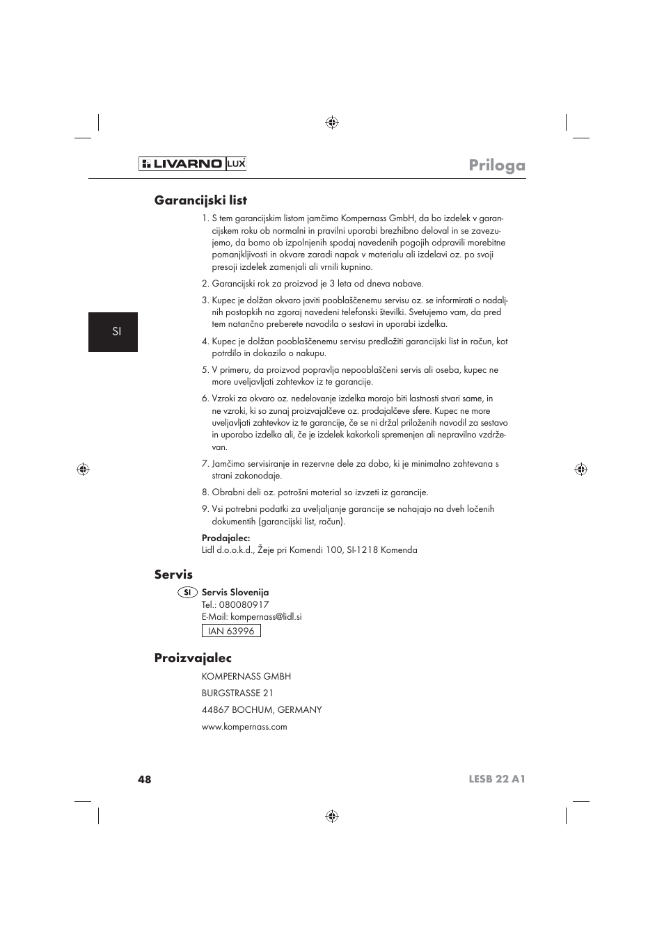 Priloga, Garancijski list, Servis | Proizvajalec | Livarno LESB 22 A1 User Manual | Page 50 / 74