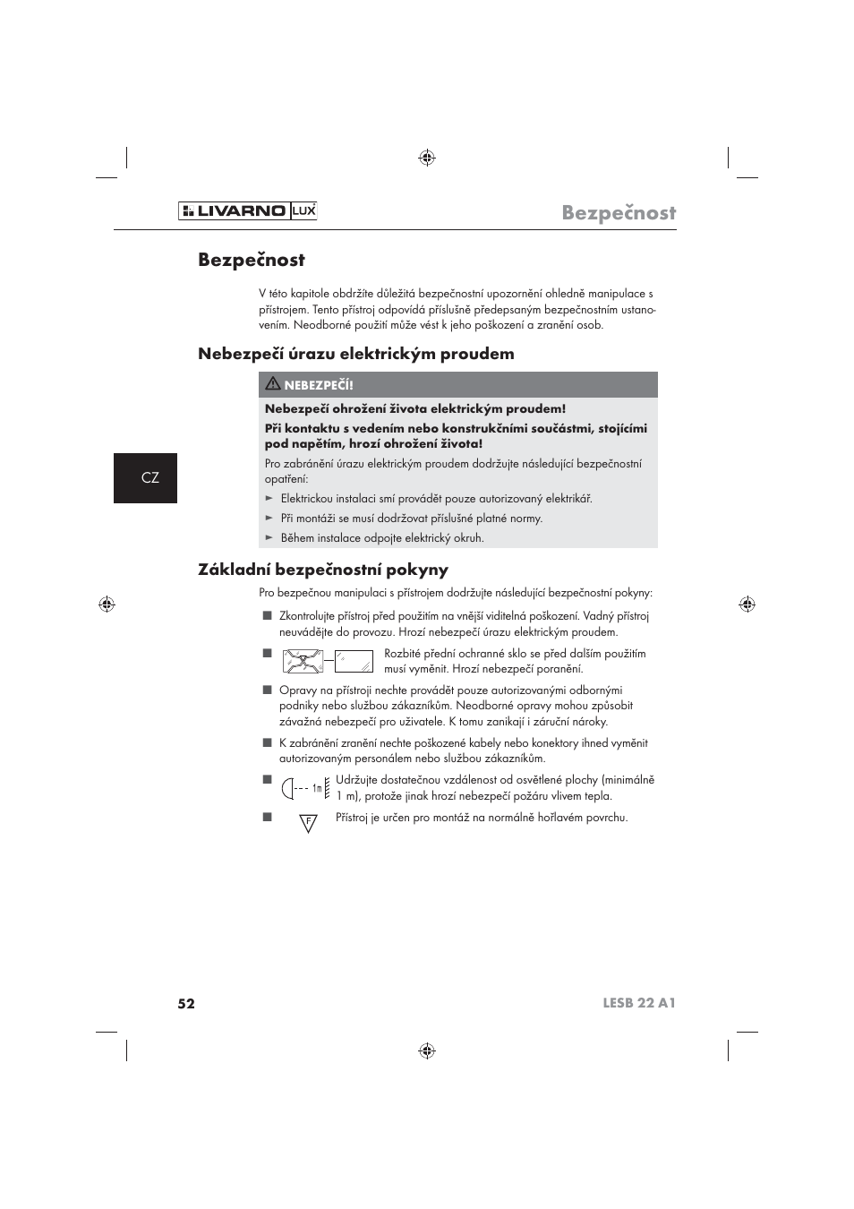 Bezpečnost, Nebezpečí úrazu elektrickým proudem, Základní bezpečnostní pokyny | Livarno LESB 22 A1 User Manual | Page 54 / 74