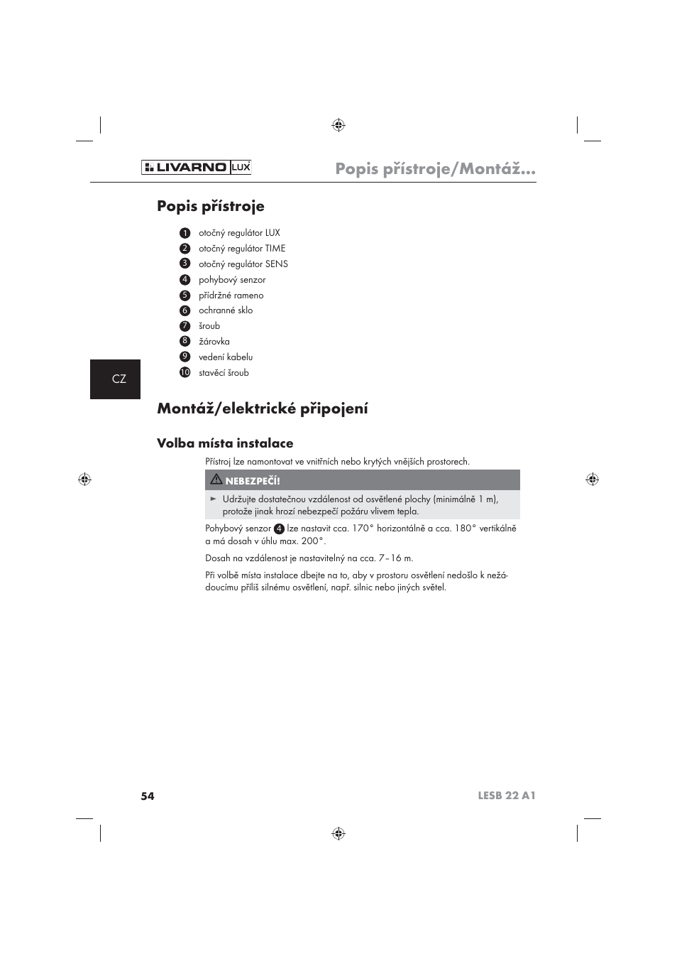 Popis přístroje/montáž, Popis přístroje, Montáž/elektrické připojení | Volba místa instalace | Livarno LESB 22 A1 User Manual | Page 56 / 74