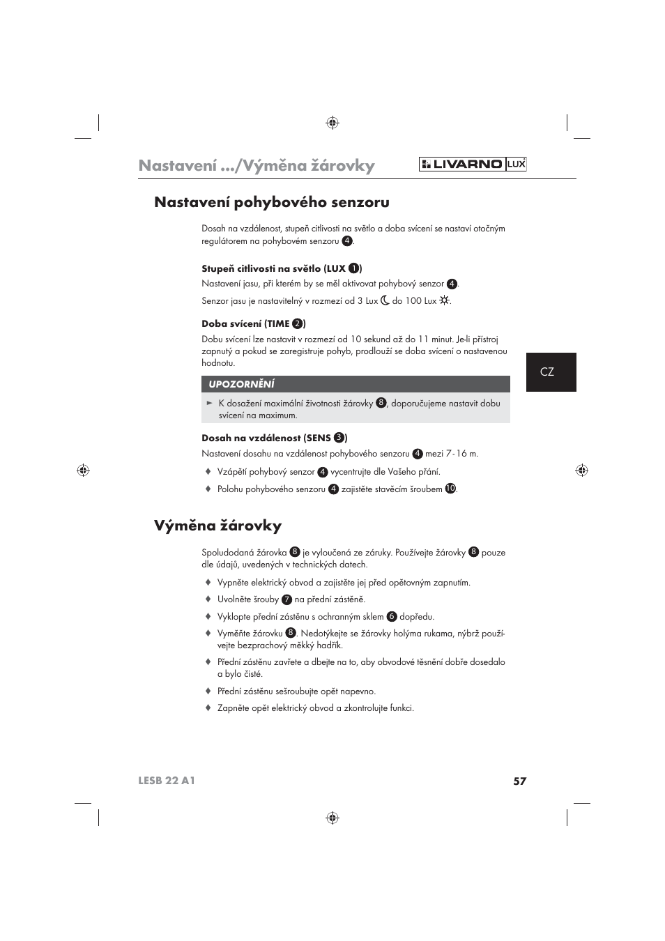 Nastavení .../výměna žárovky, Nastavení pohybového senzoru, Výměna žárovky | Livarno LESB 22 A1 User Manual | Page 59 / 74