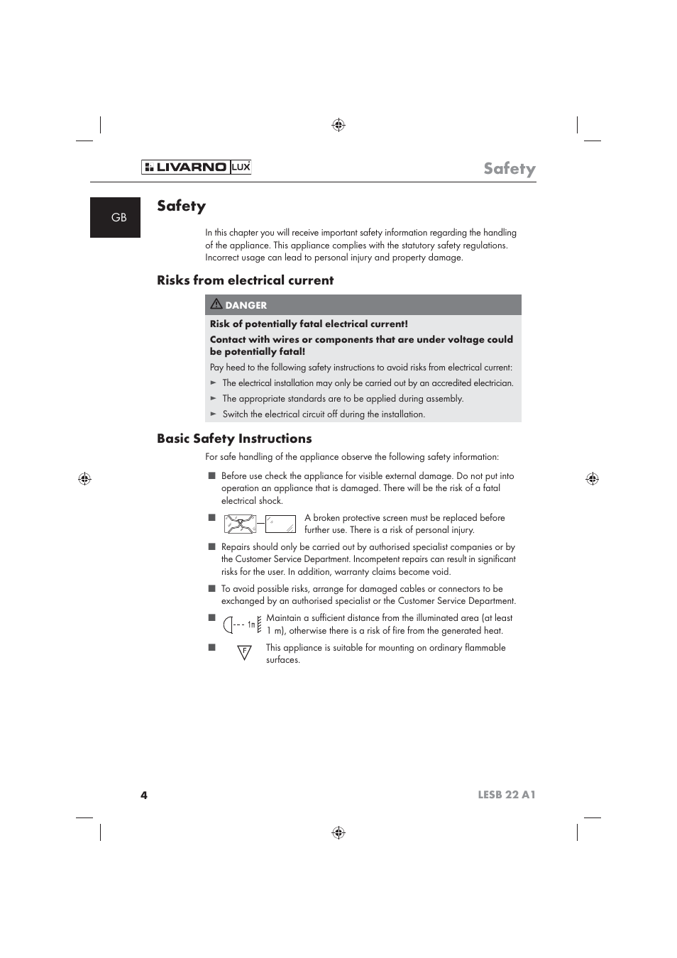 Safety, Risks from electrical current, Basic safety instructions | Livarno LESB 22 A1 User Manual | Page 6 / 74