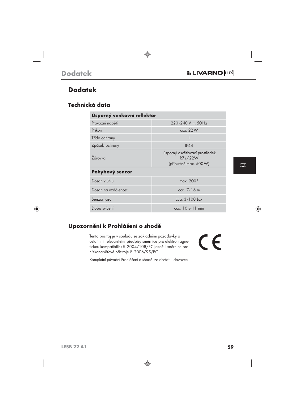 Dodatek, Technická data, Upozornění k prohlášení o shodě | Livarno LESB 22 A1 User Manual | Page 61 / 74