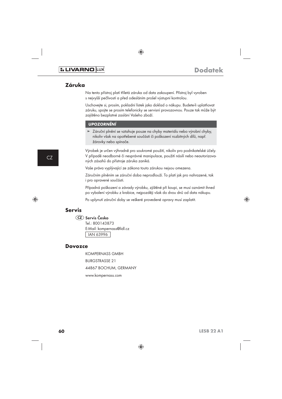 Dodatek, Záruka, Servis | Dovozce | Livarno LESB 22 A1 User Manual | Page 62 / 74