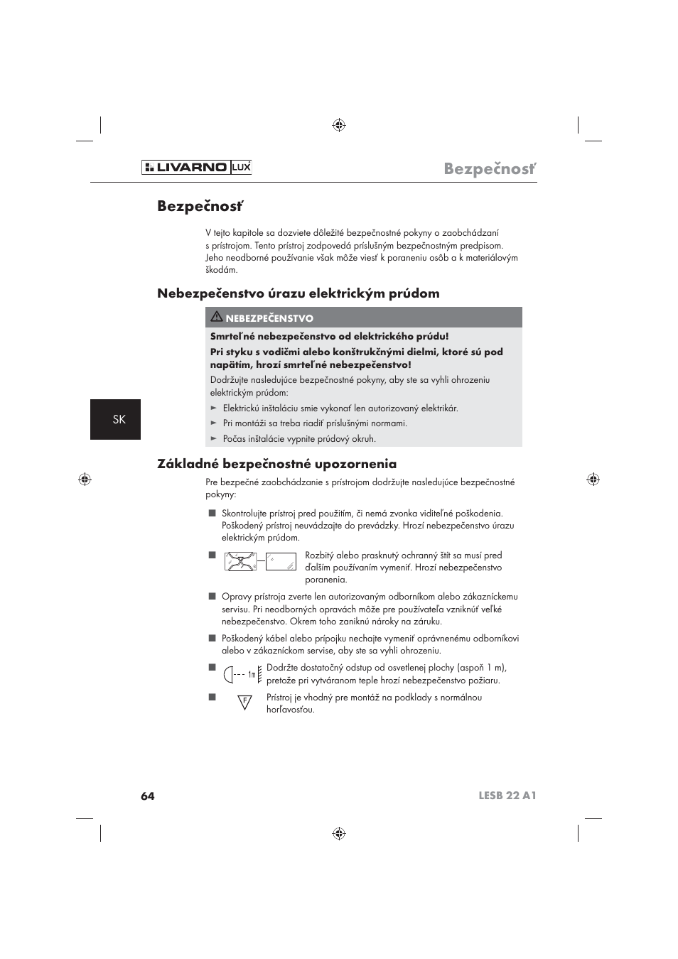 Bezpečnosť, Nebezpečenstvo úrazu elektrickým prúdom, Základné bezpečnostné upozornenia | Livarno LESB 22 A1 User Manual | Page 66 / 74