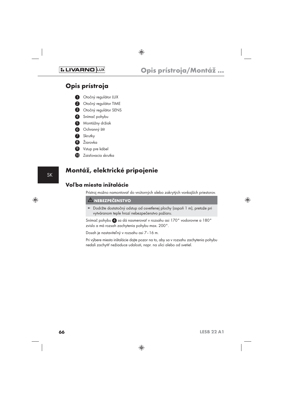 Opis prístroja/montáž, Opis prístroja, Montáž, elektrické pripojenie | Voľba miesta inštalácie | Livarno LESB 22 A1 User Manual | Page 68 / 74