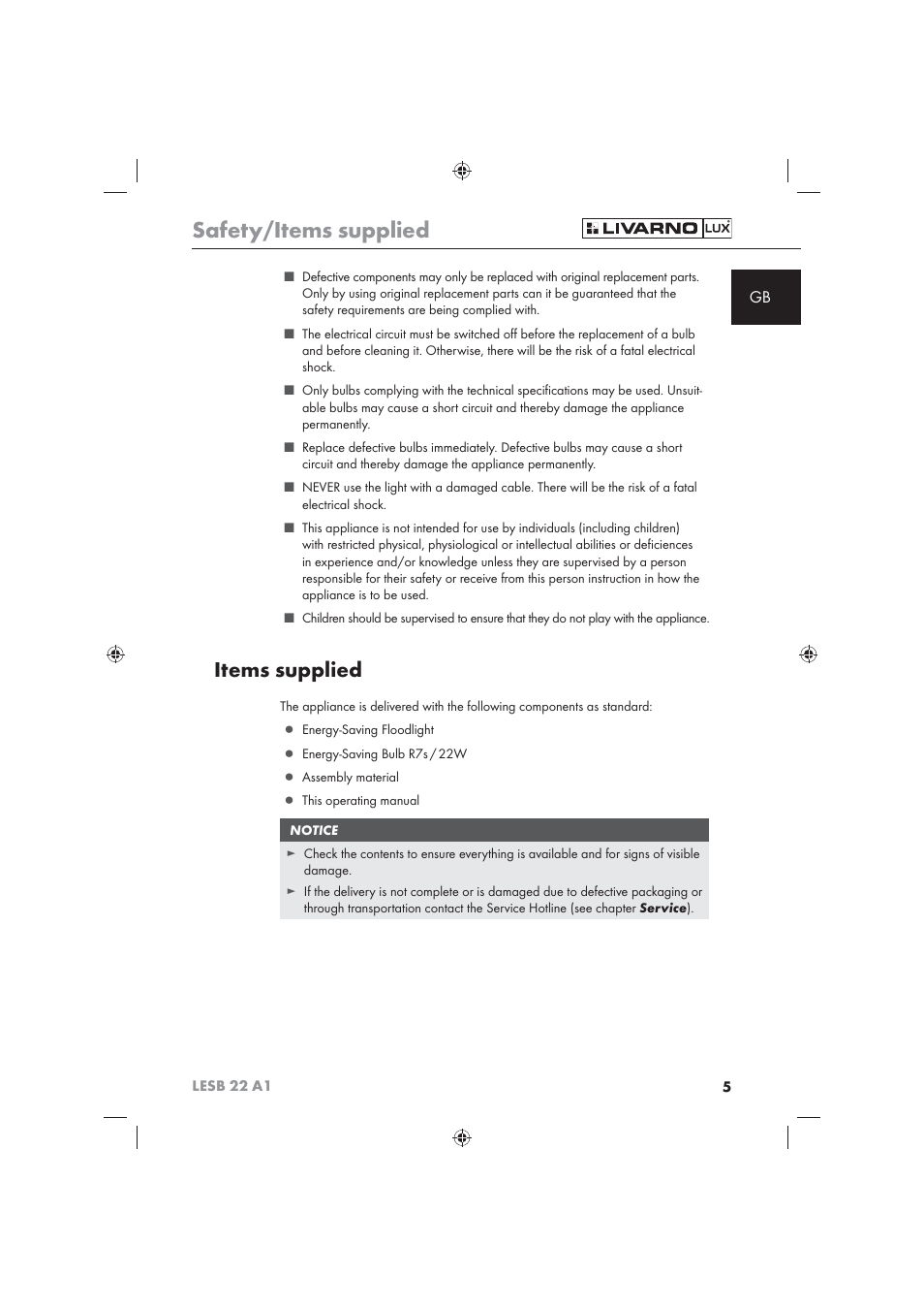 Safety/items supplied, Items supplied | Livarno LESB 22 A1 User Manual | Page 7 / 74