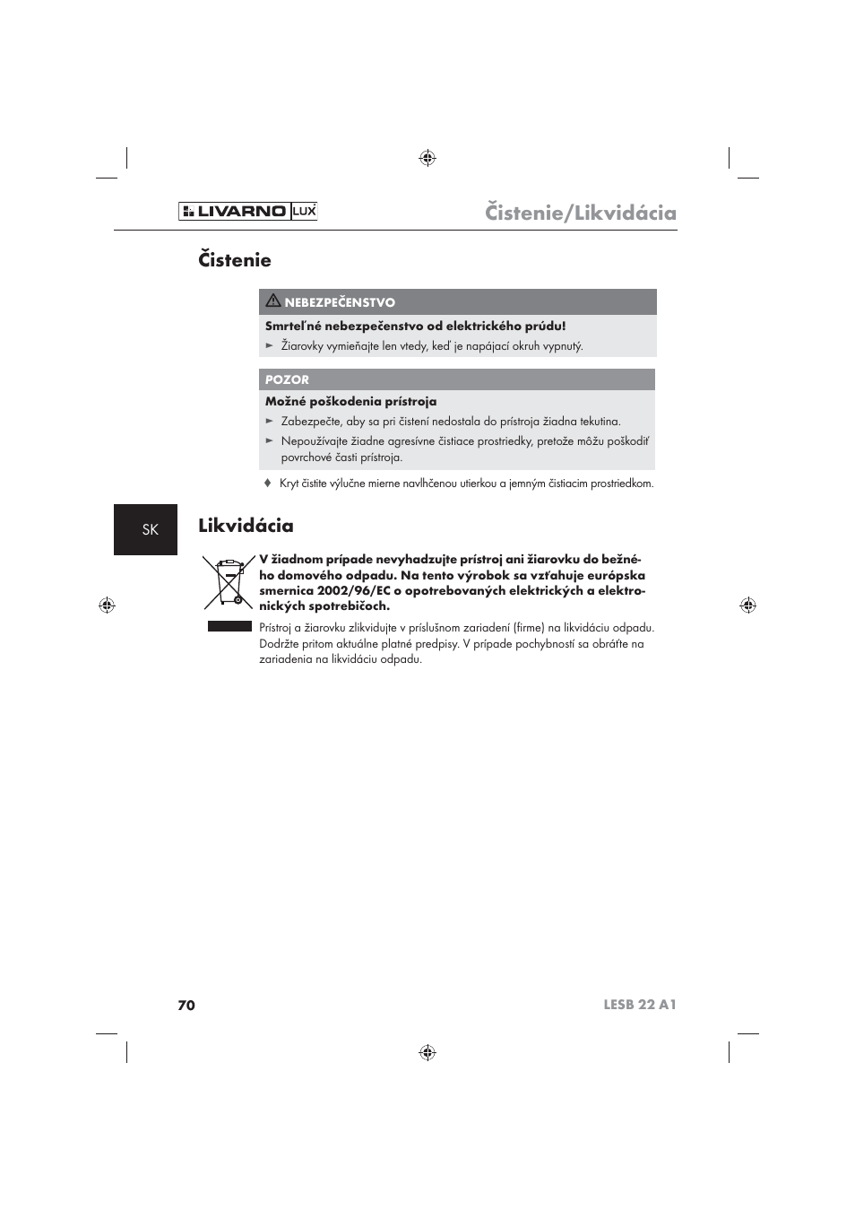 Čistenie/likvidácia, Čistenie, Likvidácia | Livarno LESB 22 A1 User Manual | Page 72 / 74