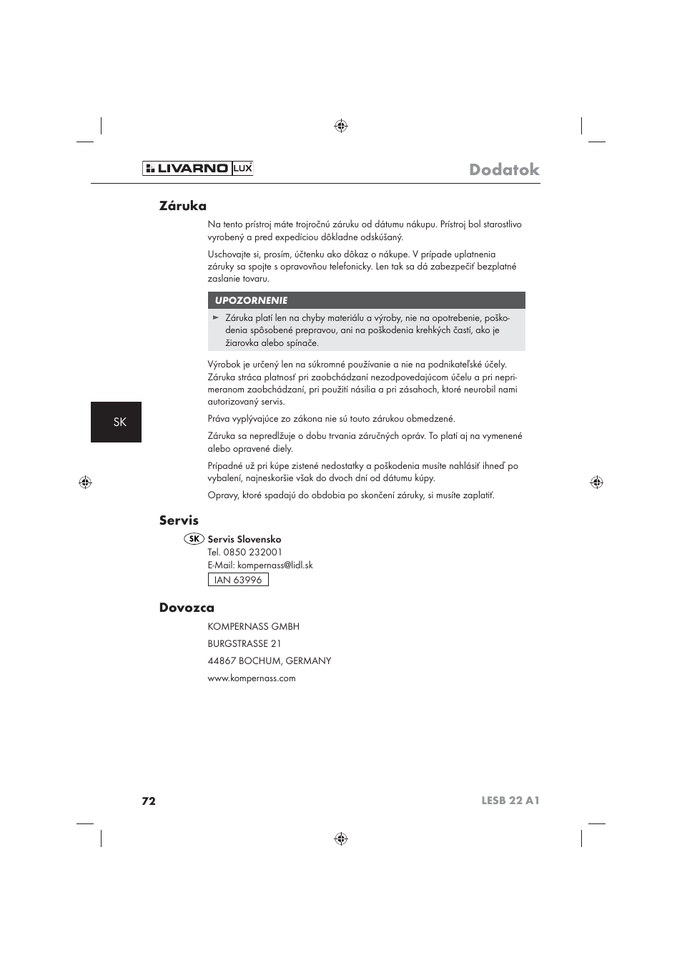 Dodatok, Záruka, Servis | Dovozca | Livarno LESB 22 A1 User Manual | Page 74 / 74