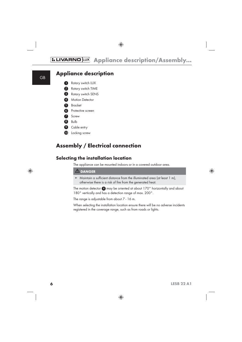 Appliance description/assembly, Appliance description, Assembly / electrical connection | Selecting the installation location | Livarno LESB 22 A1 User Manual | Page 8 / 74