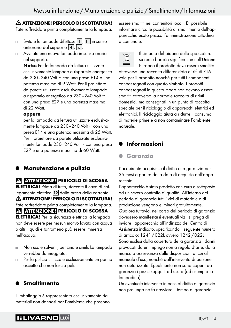 Manutenzione e pulizia, Smaltimento, Informazioni garanzia | Livarno 1241/022L+1242/022L User Manual | Page 15 / 37