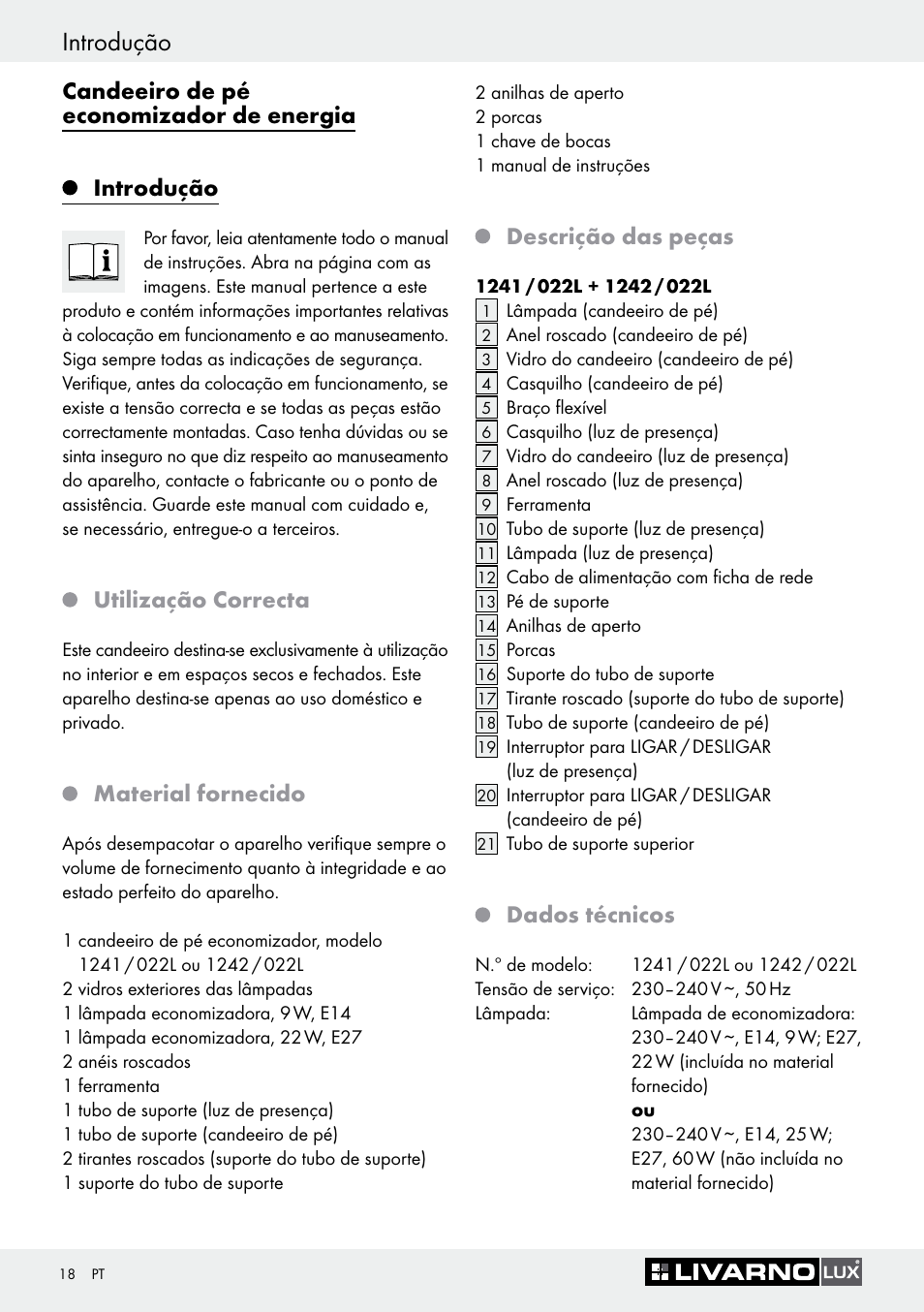 Introdução, Candeeiro de pé economizador de energia introdução, Utilização correcta | Material fornecido, Descrição das peças, Dados técnicos | Livarno 1241/022L+1242/022L User Manual | Page 18 / 37