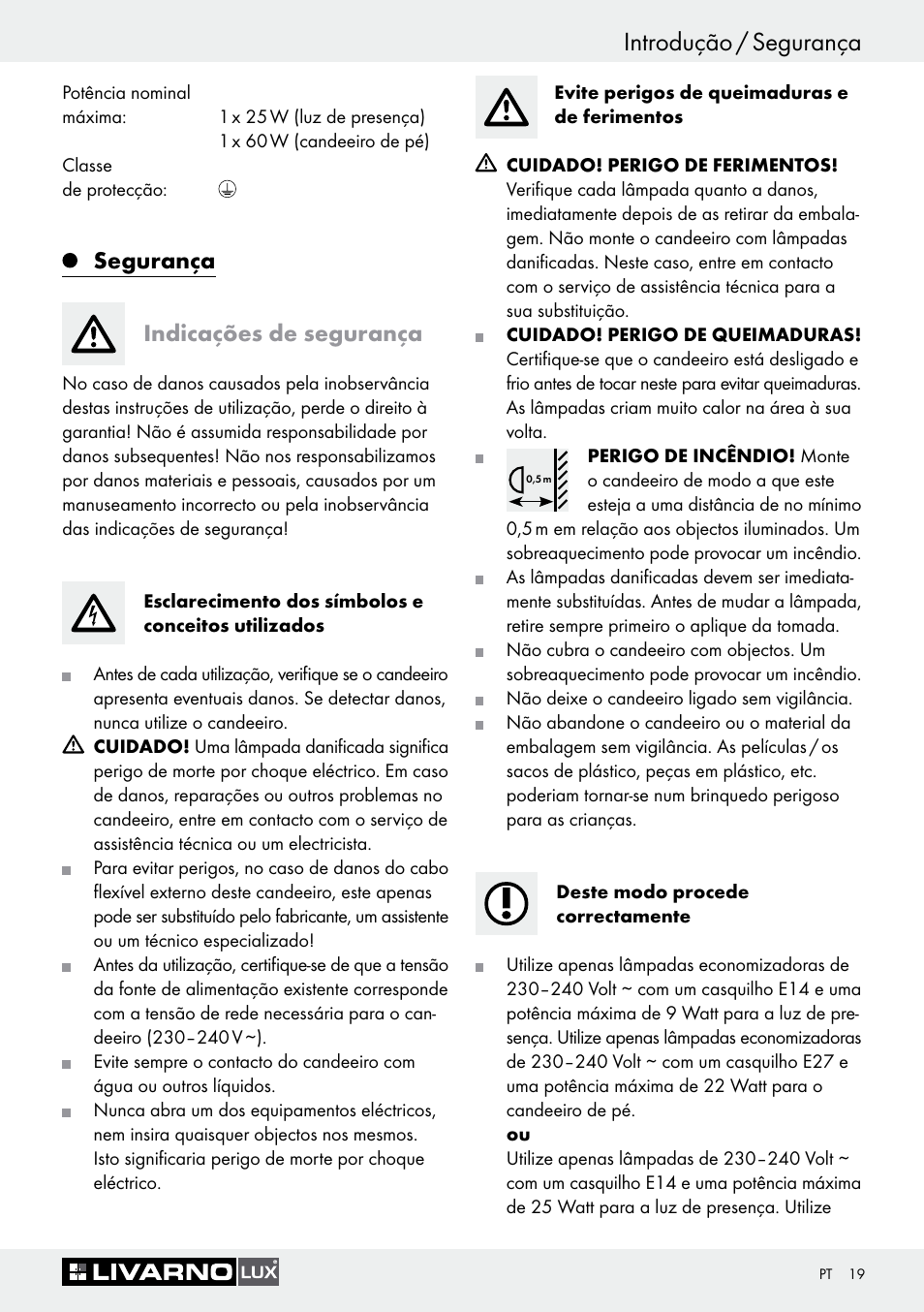 Introdução / segurança, Segurança indicações de segurança | Livarno 1241/022L+1242/022L User Manual | Page 19 / 37