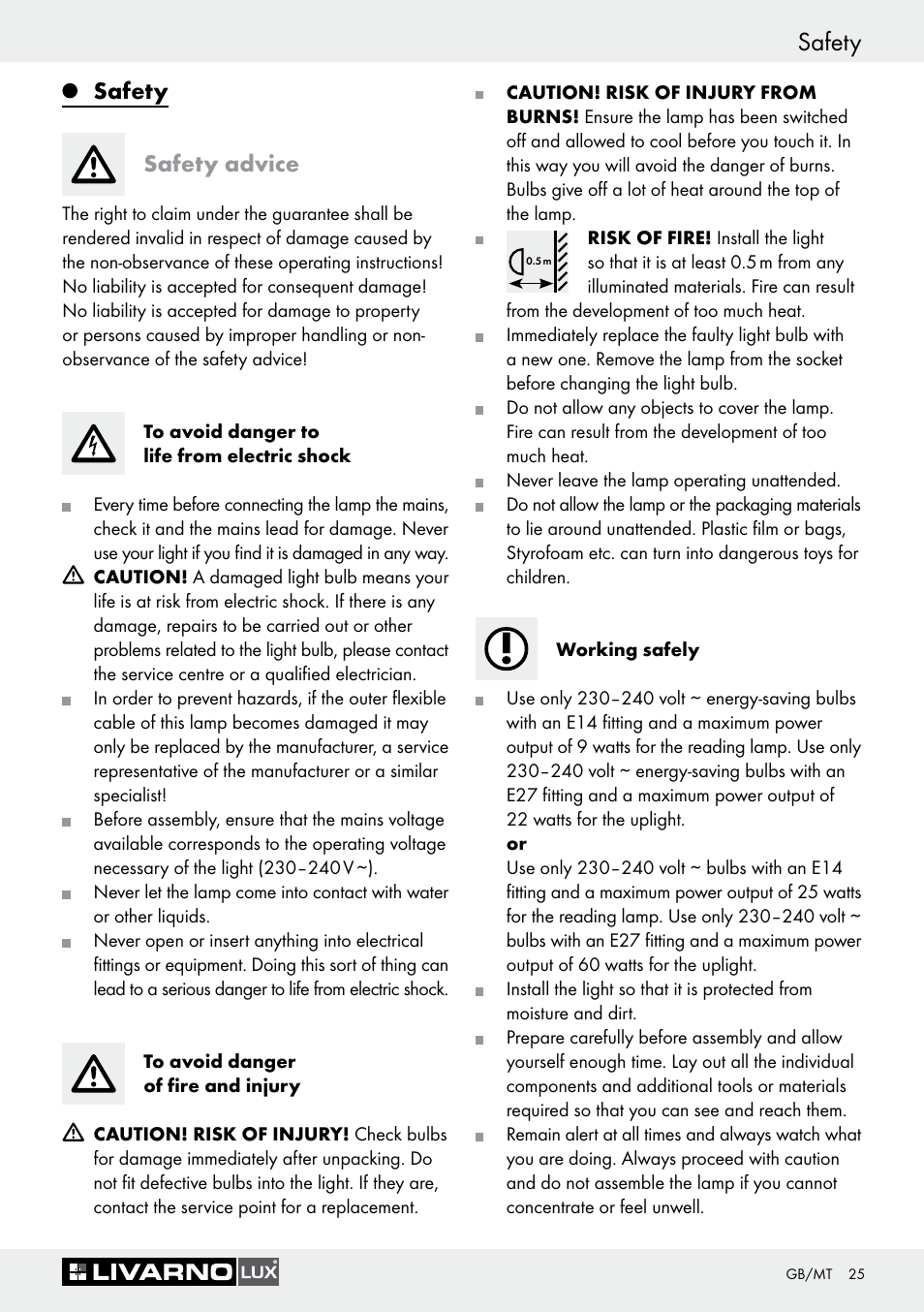 Safety, Safety safety advice | Livarno 1241/022L+1242/022L User Manual | Page 25 / 37