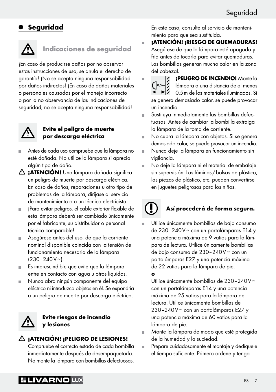 Seguridad, Indicaciones de seguridad | Livarno 1241/022L+1242/022L User Manual | Page 7 / 37