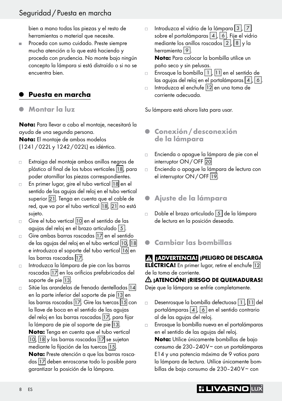 Seguridad / puesta en marcha, Puesta en marcha montar la luz, Conexión / desconexión de la lámpara | Ajuste de la lámpara, Cambiar las bombillas | Livarno 1241/022L+1242/022L User Manual | Page 8 / 37