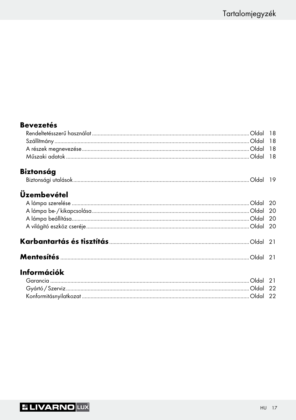 Tartalomjegyzék | Livarno 1241/022L+1242/022L User Manual | Page 17 / 49