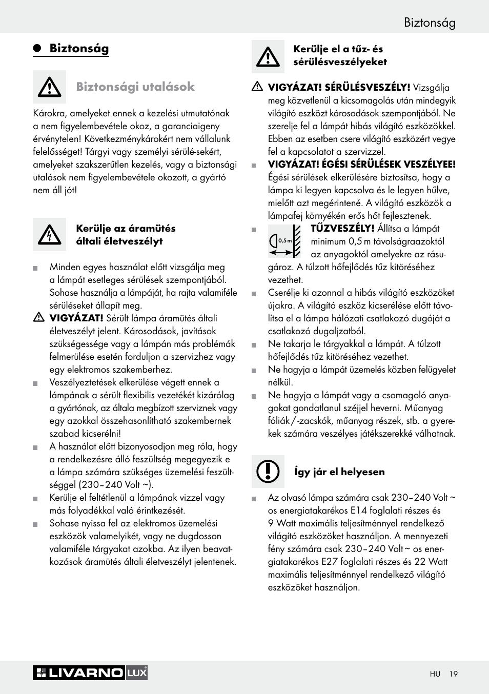 Biztonság, Biztonság biztonsági utalások | Livarno 1241/022L+1242/022L User Manual | Page 19 / 49