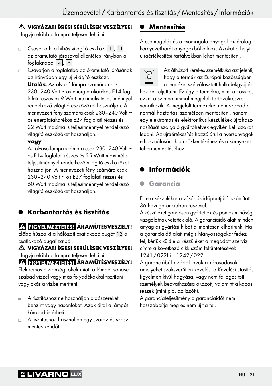 Karbantartás és tisztítás, Mentesítés, Információk garancia | Livarno 1241/022L+1242/022L User Manual | Page 21 / 49