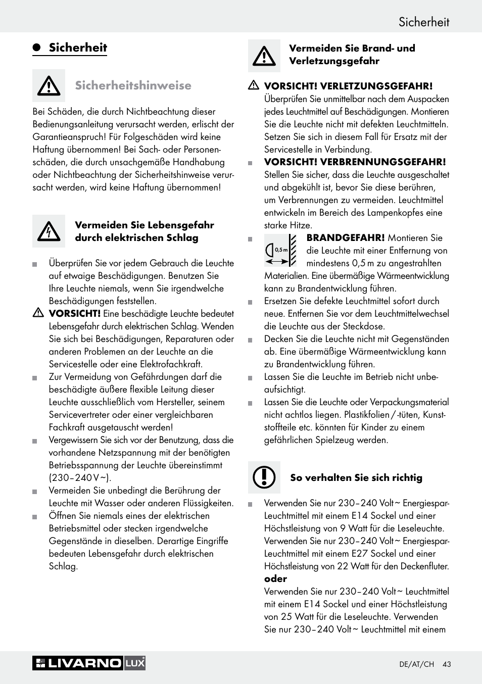 Sicherheit, Sicherheit sicherheitshinweise | Livarno 1241/022L+1242/022L User Manual | Page 43 / 49