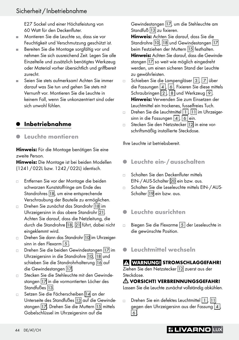 Sicherheit / inbetriebnahme, Inbetriebnahme leuchte montieren, Leuchte ein- / ausschalten | Leuchte ausrichten, Leuchtmittel wechseln | Livarno 1241/022L+1242/022L User Manual | Page 44 / 49