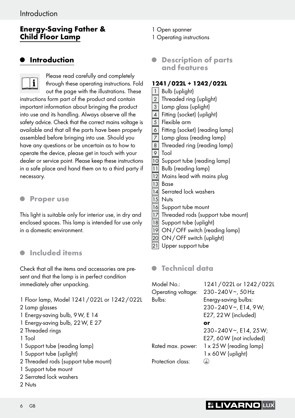 Introduction, Proper use, Included items | Description of parts and features, Technical data | Livarno 1241/022L+1242/022L User Manual | Page 6 / 49