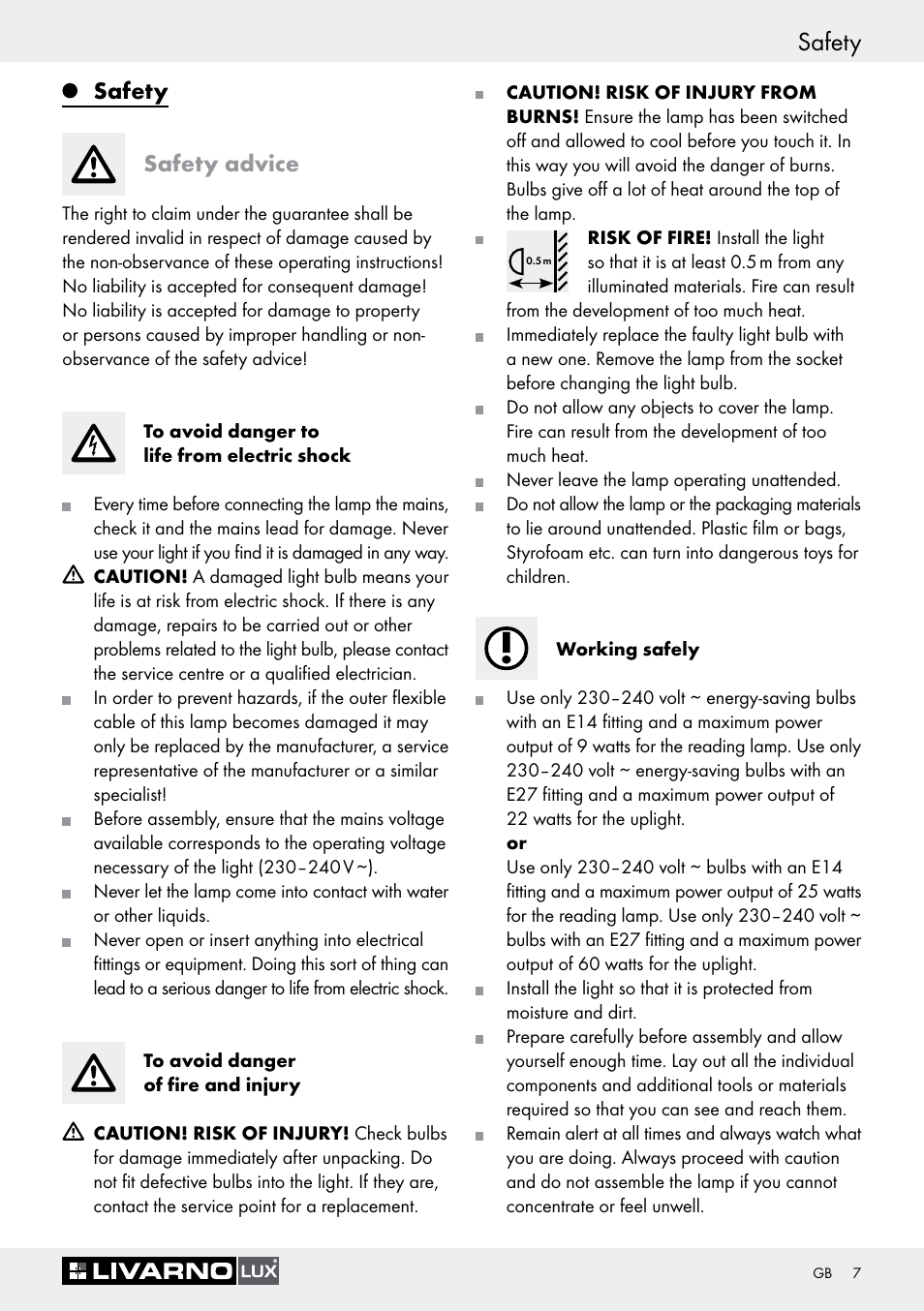 Safety, Safety safety advice | Livarno 1241/022L+1242/022L User Manual | Page 7 / 49