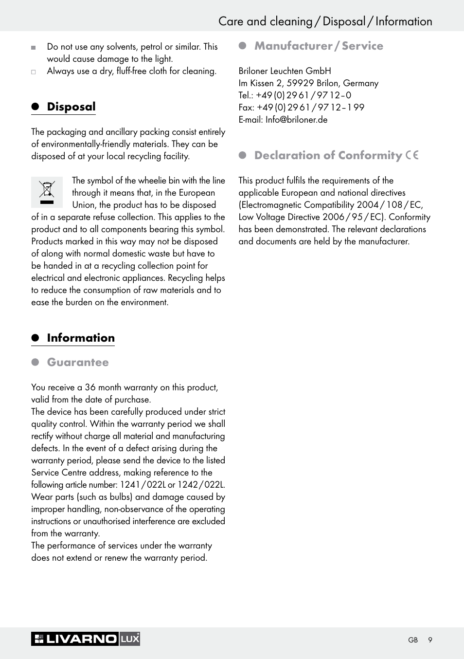 Care and cleaning / disposal / information, Disposal, Information guarantee | Manufacturer / service, Declaration of conformity | Livarno 1241/022L+1242/022L User Manual | Page 9 / 49