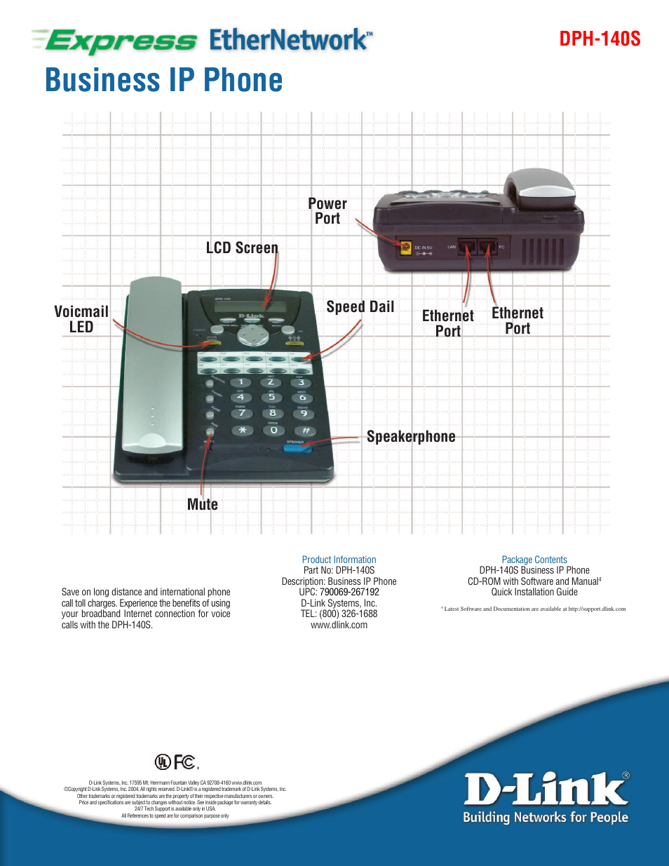 Business ip phone, Dph-140s, Speed dail speakerphone ethernet port lcd screen | Ethernet port power port voicmail led mute | D-Link EXPRESS ETHERNETWORK DPH-140S User Manual | Page 2 / 2
